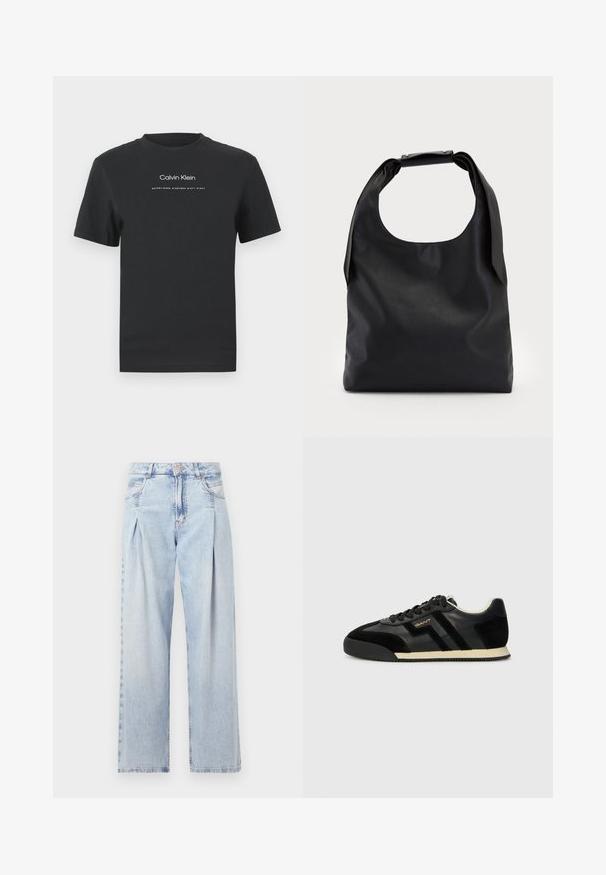 Melna kokvilnas T-kreklā ar apaļu apkakli, īsām piedurknēm un baltu uzdrukātu "Calvin Klein" logotipu un tekstu "Izveidots 1968".; Gaiši zilas džinsu bikses ar augstu jostasvietu, plats kāju griezumu, divām sānu kabatām un krokotā dizaina akcentiem. Mīksta tekstūra ar izdilušu apdari.; GANT BEYLANA - Sporta apavi - black; Melna ādas hobo soma ar vienu mīkstu, noapaļotu rokturi; tai ir gluda virsma un minimālistisks dizains. Nav redzamu metāla detaļu vai akcentu.