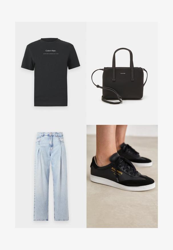 Černé bavlněné tričko s kulatým výstřihem, krátkými rukávy a bílým potiskem loga "Calvin Klein" a textem "Established 1968".; Světlé modré džíny z denimu s vysokým pasem, širokým střihem, dvěma bočními kapsami a nařaseným designem. Měkká textura s vybledlým povrchem.; Černé kožené a semišové tenisky s bílými gumovými podešvemi. Vybavené tonálními tkaničkami a zlatým logem na boku. Plochý design.; Černá kabelka s dvojitými krátkými uchy a odnímatelným ramenním popruhem. Hladký koženkový materiál s uzávěrem na zip a detailem loga.