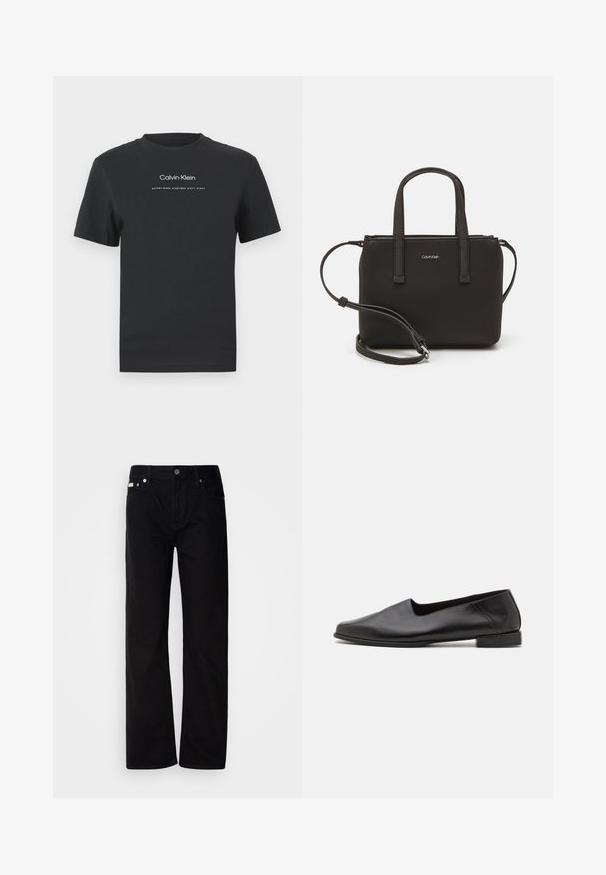 Melna kokvilnas T-kreklā ar apaļu apkakli, īsām piedurknēm un baltu uzdrukātu "Calvin Klein" logotipu un tekstu "Izveidots 1968".; Melnas denima taisnas kājas bikses ar pieciem kabatām, sudraba kniedēm un pogu aizdari. Audumam ir gluda, nedaudz teksturēta virsma.; Melna ādas plakanā kurpe ar gludu tekstūru. Tam ir zems, taisnstūra papēdis un noapaļota purngalis. Vienkāršs dizains ar minimāliem akcentiem.; Melns roku soma ar divām īsām rokturiem un noņemamu plecu siksnu. Gluda ādas līdzīga materiāla ar rāvējslēdzēja aizdari un logos detaļu.