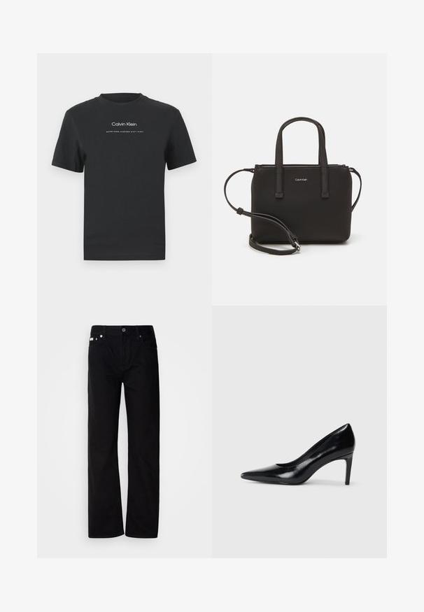 Črna bombažna majica s krožnim izrezom, kratkimi rokavi in belim potiskanjem logotipa "Calvin Klein" ter besedilom "Ustanovljen 1968".; Črne jeanske hlače ravnega kroja s petimi žepi, srebrnimi zakovicami in gumbom za zapiranje. Tkanina ima gladko, rahlo strukturirano površino.; Črna usnjena črna čevlja na visokem petu z zašiljenim prstom, gladko teksturo in zoženim peto. Minimalističen dizajn, brez dodatnih okraskov.; Črna torbica z dvema kratkima ročajema in odstranljivim naramnim trakom. Gladek usnju podoben material z zadrgo in podrobnostmi z logotipom.