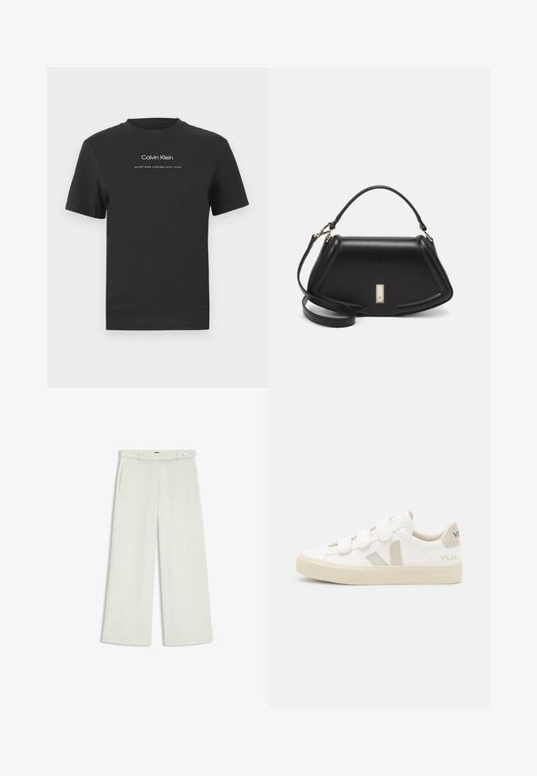 Musta puuvillainen T-paita, jossa on pyöreä pääntie, lyhyet hihat ja valkoinen painettu "Calvin Klein" -logo sekä "Established 1968" -teksti.; Housut leveillä lahkeilla vaalean kermaisessa kankaassa, jossa on sivutaskut, litteä etuosa ja yksi nappikiinnitys vyötäröllä. Silkkinen pinta.; Valkoiset tennarit tarranauhoilla, vaaleanruskeat mokkaosat, teksturoidut kumipohjat ja harmaa V-logo. Minimalistinen muotoilu, pyöristetty muoto.; Mustalla nahkalaukulla, jossa on jämäkkä muotoilu, lyhyt malli, yläkahva ja kultaiset yksityiskohdat. Säädettävä olkahihna sisältyy.