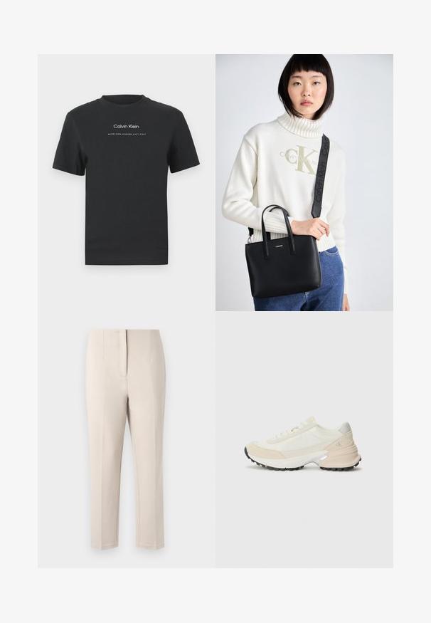 Schwarzes Baumwoll-T-Shirt mit Rundhalsausschnitt, kurzen Ärmeln und weißem Druck des "Calvin Klein" Logos sowie dem Text "Established 1968".; Beige Hose mit taillierter Passform, geradem Bein und sauberer Vordernaht. Hergestellt aus glattem Stoff mit einem subtilen Glanz, ohne sichtbare Beschläge.; Leichte Sneakers aus beigem und weißem Material, mit gepolstertem Kragen, strukturierten Wildlederelementen und einer schwarzen Gummi-Außensohle.; Schwarze Lederhandtasche mit doppelten Obergriffen und einem abnehmbaren Schultergurt. Mit einem silbernen Logo auf der Vorderseite und einer glatten Oberfläche.