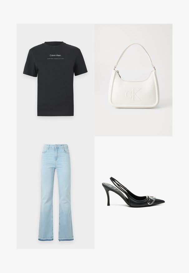 Čierne bavlnené tričko s okrúhlym výstrihom, kratkými rukávmi a bielou potlačou loga "Calvin Klein" a textu "Established 1968".; Svetlomodré rozšírené džínsy z denimovej látky, s vysokým pásom, prednými vreckami a surovým lemom na manžetách pre ležérny vzhľad.; Čierne slingback lodičky s špicatou špičkou, so žiarivou striebornou prackou a štíhlým podpätkom. Hladká kožená textúra, minimalistický dizajn.; Biela kožená kabelka s zakriveným tvarom, na prednej strane s embosovaným logom "CK" a jedným ramenným popruhom. Zipsové zapínanie navrchu.