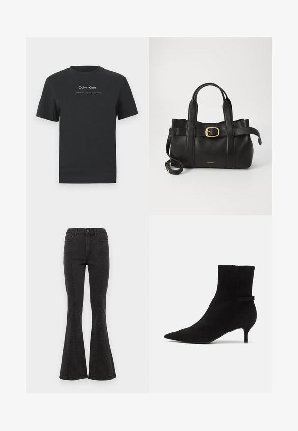 Musta puuvillainen T-paita, jossa on pyöreä pääntie, lyhyet hihat ja valkoinen painettu "Calvin Klein" -logo sekä "Established 1968" -teksti.; Mustat denim-flares-housut, joissa on korkea vyötärö. Sivusaumat ja siisti viimeistely helmassa. Kangas on sileä ja siinä on hieman venyvyyttä.; Furla CORE ANKLE BOOT - Klassiset nilkkurit - nero; Musta nahkakäsilaukku, jossa on struktuurinen muotoilu, kaksoiskahvat, kultasävyinen solkiaksentti ja kohokuvioitu brändilogo edessä.