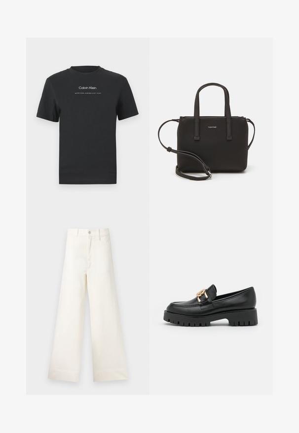 Melna kokvilnas T-kreklā ar apaļu apkakli, īsām piedurknēm un baltu uzdrukātu "Calvin Klein" logotipu un tekstu "Izveidots 1968".; Platākas kāju bikses gaiši pelēkā kokvilnā. Iespējams augsts jostasvieta, priekšējās kabatas un taisna griezuma. Tīrs apakšmalas apdare bez rakstiem.; Melna ādas loafers ar masīvu zoli un zelta aksesuāriem; iekļauj noapaļotu purngalu un šuvju apdari gar augšdaļu.; Melns roku soma ar divām īsām rokturiem un noņemamu plecu siksnu. Gluda ādas līdzīga materiāla ar rāvējslēdzēja aizdari un logos detaļu.