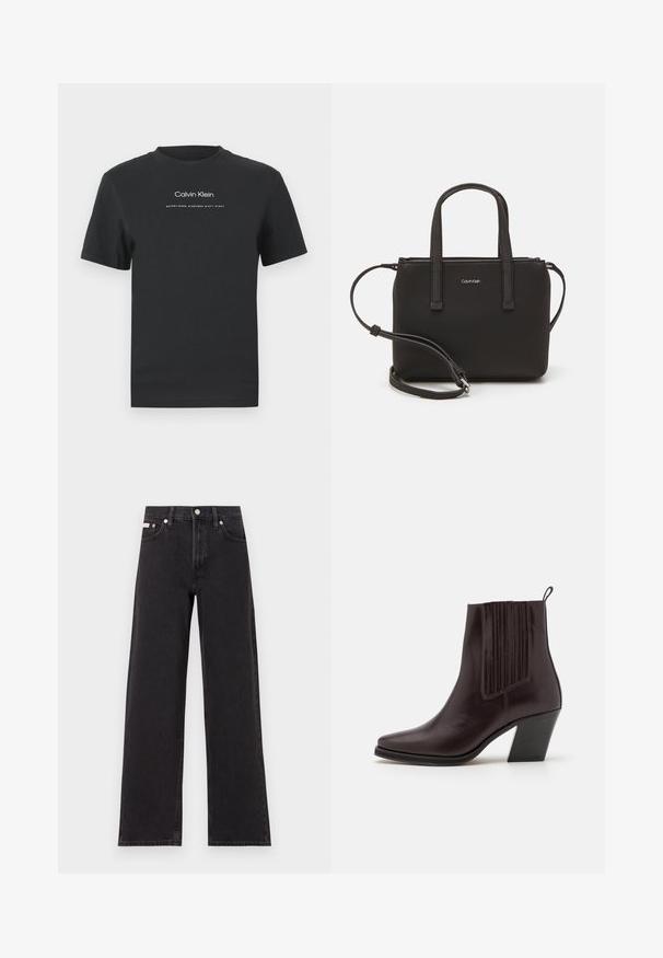 T-shirt en coton noir avec un col rond, des manches courtes, et un logo "Calvin Klein" imprimé en blanc ainsi que le texte "Established 1968".; Jeans noirs à jambes larges en denim, avec une taille haute, une coupe à cinq poches et une fermeture à bouton en métal avec des coutures contrastantes.; Bottine en cuir marron foncé avec un bout pointu, des détails rainurés verticaux sur le côté et un talon carré de hauteur moyenne.; Sac à main noir avec deux poignées courtes et une bandoulière amovible. Matière lisse semblable à du cuir avec une fermeture éclair et un détail de logo.