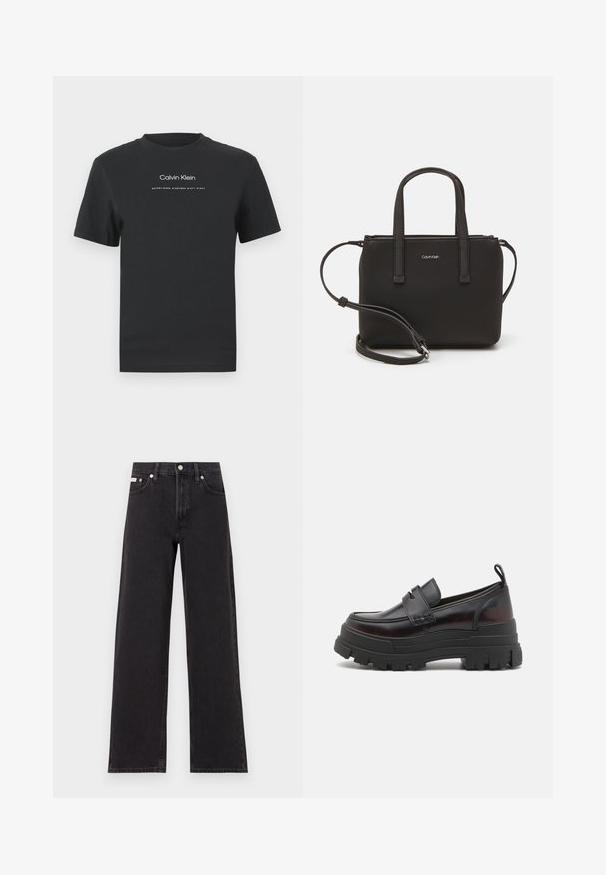 Czarny bawełniany T-shirt z okrągłym dekoltem, krótkimi rękawami i białym nadrukiem logo "Calvin Klein" oraz tekstem "Established 1968".; Czarne dżinsy o szerokich nogawkach, wykonane z denimu, z wysokim stanem, pięcioma kieszeniami oraz metalowym zapięciem z kontrastowym szwem.; Buffalo ASPHA czarny; Czarna torebka z dwoma krótkimi uchwytami i odpinanym paskiem na ramię. Gładki materiał przypominający skórę, z zamkiem błyskawicznym i detalem z logo.