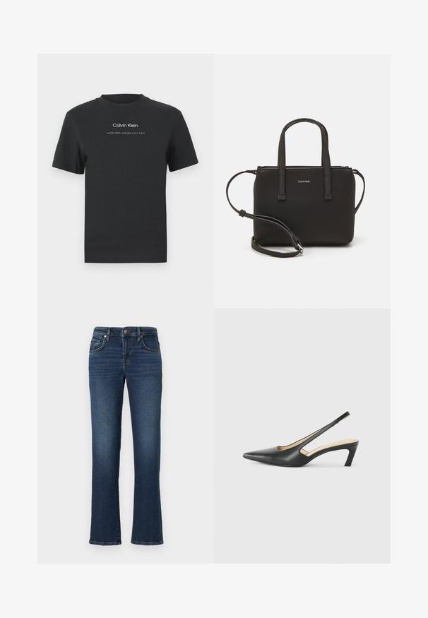 Camiseta de algodón negra con cuello redondo, mangas cortas y logo impreso en blanco de "Calvin Klein" junto con el texto "Establecido en 1968".; Jeans de mezclilla azul oscuro con corte recto, que cuentan con bolsillos frontales, un cierre de cremallera y un ligero desvanecimiento a lo largo de los muslos.; Zapato negro de punta afilada tipo slingback con un tacón bajo, que presenta un material de cuero suave y un diseño recortado en el lateral para mayor transpirabilidad.; Bolso de mano negro con dos asas cortas y una correa de hombro removible. Material suave tipo cuero con cierre de cremallera y detalle del logo.