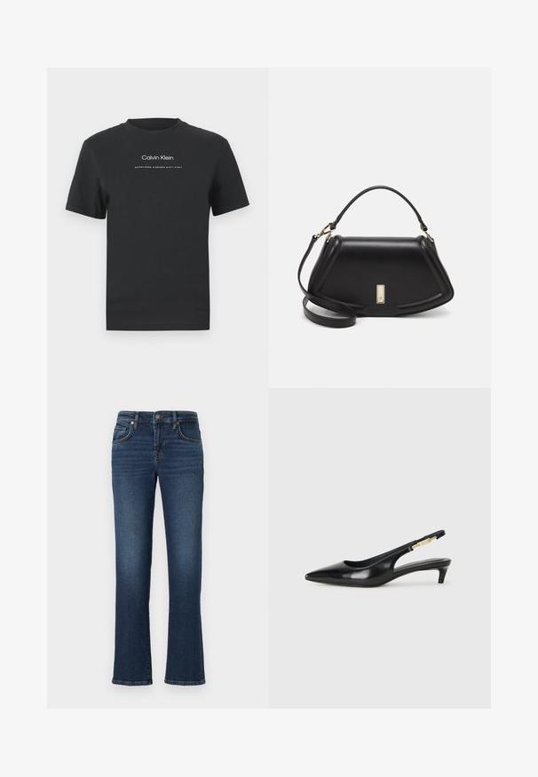Juodas medvilninis marškinėliai su apvaliu kaklu, trumpomis rankovėmis ir baltu spausdintu "Calvin Klein" logotipu bei tekstu "Įkurtas 1968".; Tamsiai mėlynos džinsinės kelnės su tiesiu kirpimu, turinčios priekinius kišenes, užtrauktuką ir švelnų blukimą šlaunų srityje.; Juodas odinis pavasario batelių modelis su smailiu nosiu, turintis siaurą kulniuką ir auksinės spalvos akcentu reguliuojamoje juostoje. Lygi tekstūra.; Juoda odinė rankinė su struktūrizuotu dizainu, turi trumpą formą, viršutinę rankeną ir auksinius akcentus. Pridėtas reguliuojamas peties diržas.