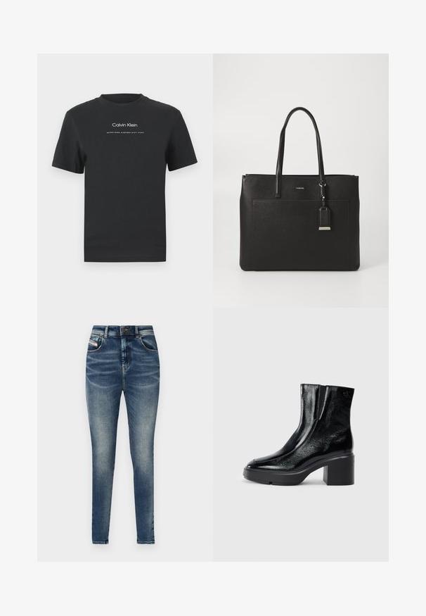Juodas medvilninis marškinėliai su apvaliu kaklu, trumpomis rankovėmis ir baltu spausdintu "Calvin Klein" logotipu bei tekstu "Įkurtas 1968".; Tamsiai mėlynos džinsinės kelnės su aukštu liemeniu, lieknu siluetu, penkiomis kišenėmis, nusidėvėjusiu audiniu, kontrastingomis siūlėmis ir metaliniu mygtuko uždarymu.; Juodi lakiniai auliniai batai iki kulkšnies, su išlenktu pirštu, elastinėmis šoninėmis panelėmis ir masyviu blokuotu kulnu. Apdailoje užpakalinėje dalyje įspaustas logotipas.; Juodas odinis rankinės krepšys su dvejomis rankenomis, tekstūruota apdaila, priekinė kišenė ir nuimamas ženkliukas su sidabriniu emblema.