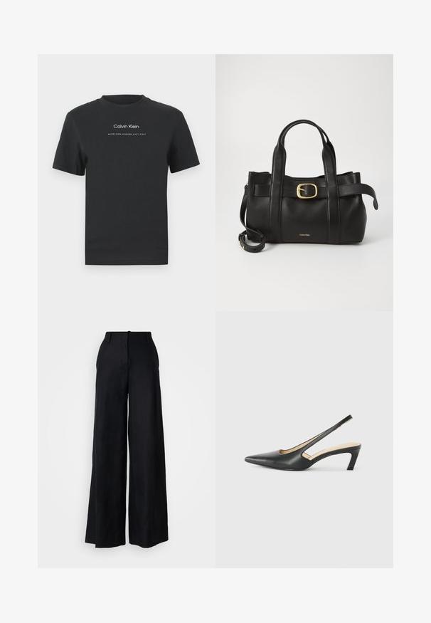 Melna kokvilnas T-kreklā ar apaļu apkakli, īsām piedurknēm un baltu uzdrukātu "Calvin Klein" logotipu un tekstu "Izveidots 1968".; Plati melni bikses, izgatavotas no mīksta auduma. Tiem ir vidēja augstuma josta, priekšējās krokas un smalki šuvju detaļas. Redzamas kabatas nav.; Melna, ar smailu purngalu, slingback kurpe ar zemu papēdi, izgatavota no gludas ādas materiāla un ar izgriezumiem sānos gaisa caurlaidībai.; Melnas ādas rokassoma ar strukturētu dizainu, divām augšējām rokturām, zelta toņa sprādzes akcentu un iegravētu zīmola logo priekšpusē.