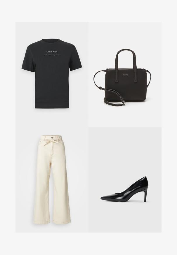 Zwarte katoen T-shirt met een ronde halslijn, korte mouwen en een witte geprinte "Calvin Klein" logo en "Established 1968" tekst.; Crème wijde broekspijpen van denim, met een hoge taille, strikdetail aan de voorkant en contrasterende stiksels.; Zwarte leren hoge hak met een spitse neus, een gladde textuur en een tapse hak. Minimalistisch ontwerp, geen extra versieringen.; Zwarte handtas met dubbele korte handvatten en een afneembare schouderriem. Glad, leerachtig materiaal met een ritssluiting en logo-detail.