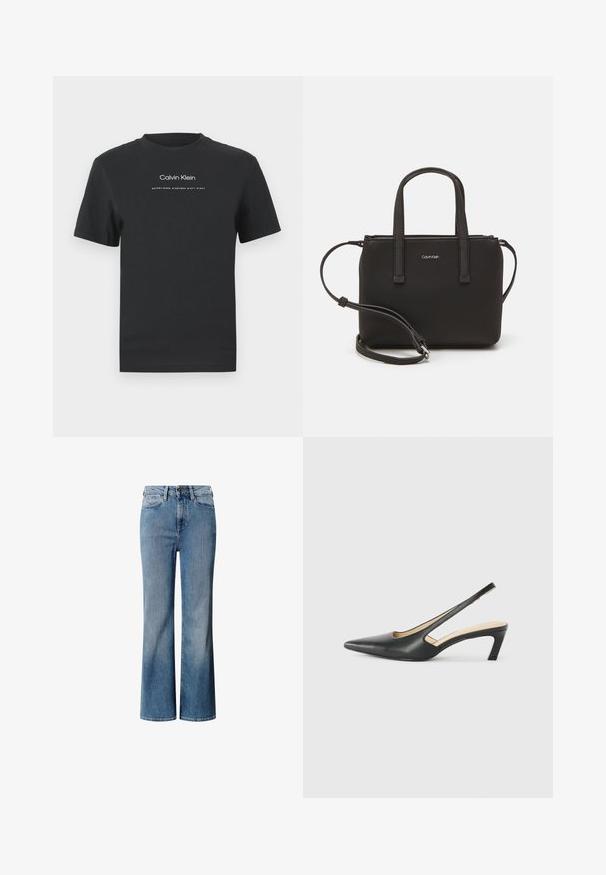 Crna pamučna majica s okruglim izrezom, kratkim rukavima i bijelim otisnutim logotipom "Calvin Klein" te tekstom "Osnovano 1968."; Plave traperice s visokim strukom, širokim nogavicama i izblijedjelim pranjem. Imaju klasičan stil s pet džepova i prednje kopčanje na gumb.; Crne cipele s izduženim vrhom i remenom oko pete, s niskom petom, izrađene od glatke kože i s izrezbarenom stranom radi prozračnosti.; Crna torba s dva kratka ručka i uklonjivom naramenicom. Glatki materijal nalik koži s zatvaračem na zatvaranje i detaljem s logom.