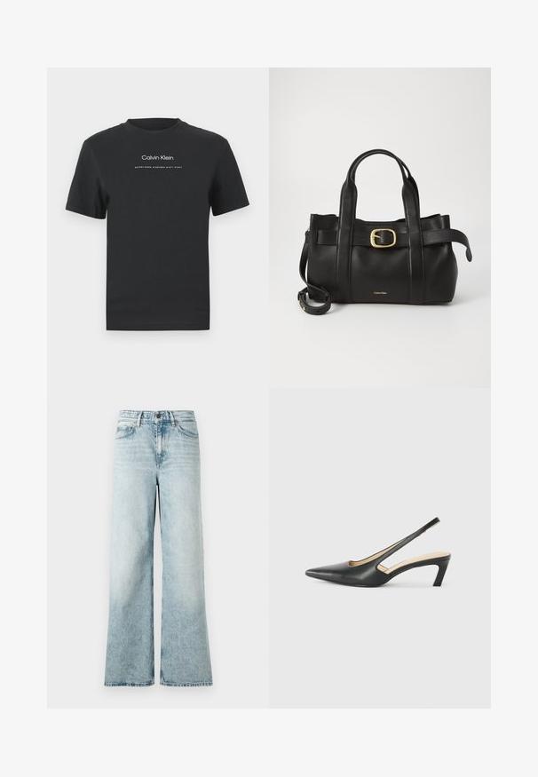 Zwarte katoen T-shirt met een ronde halslijn, korte mouwen en een witte geprinte "Calvin Klein" logo en "Established 1968" tekst.; Lichtblauwe wijde spijkerbroek van denim, met een hoge taille, een cropped zoom en een zachte textuur met vervaagde details.; Zwarte puntige slingback schoen met een lage hak, gemaakt van soepel leer en voorzien van een uitsnede aan de zijkant voor ventilatie.; Zwarte leren handtas met een gestructureerd ontwerp, dubbele handgrepen aan de bovenkant, een gouden gespaccent en een geperst merklogo aan de voorkant.