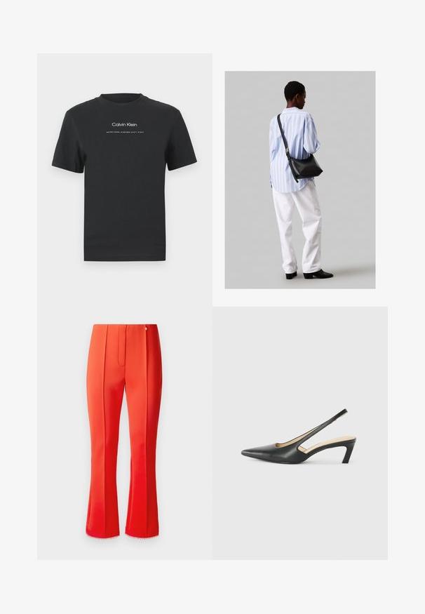 Must musta T-särk, millel on ümmargune kaelus, lühikesed varrukad ja valge trükitud "Calvin Klein" logo ning tekst "Asutatud 1968".; Punased satiintasked flared kujuga, millel on ees olev volt ja dekoratiivne soonik allservas. Vöökoha piirkonnas on väike metallist aksessuaar.; Must mustaga, terav varvas, madala kontsaga sildiga king, mis on valmistatud siledast nahast ja mille küljel on lõike disain hingavuse tagamiseks.; Must have mustras alasi nahkpatsi, pehme tekstuuriga, kolmnurkse kujuga ja reguleeritava rihmaga, koos helesinise triibulise särgi ja valgete pükstega.