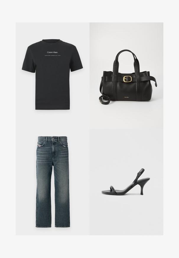 Black cotton T-shirt with a crew neckline, short sleeves, and white printed "Calvin Klein" logo and "Established 1968" text.; Dark blue straight-leg jeans with a faded texture, five-pocket design, and a small logo detail on the front pocket.; Black leather high-heeled sandals with a slim, curved heel and a crossed strap design. Adjustable ankle strap. Smooth texture.; Black leather handbag featuring a structured design, dual top handles, gold-tone buckle accent, and embossed brand logo at the front.