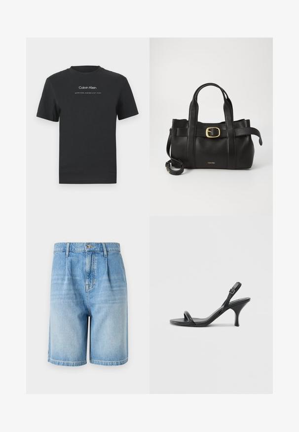 Črna bombažna majica s krožnim izrezom, kratkimi rokavi in belim potiskanjem logotipa "Calvin Klein" ter besedilom "Ustanovljen 1968".; Svetlo modri jeans kratke hlače s sproščenim krojem, z gumbom za zapiranje, dvema sprednjima žepoma in ravnim robom. Po celotni površini so bledikaste teksture.; Črne usnjene visoke sandale s tankim, ukrivljenim petam in obliko križanih trakov. Nastavljiv trak okoli gležnja. Gladka tekstura.; Črna usnjena torba s strukturirano zasnovo, dvojni zgornji ročaji, zlato-tonirni zaponka kot dodatek in vtisnjeni logotip blagovne znamke spredaj.