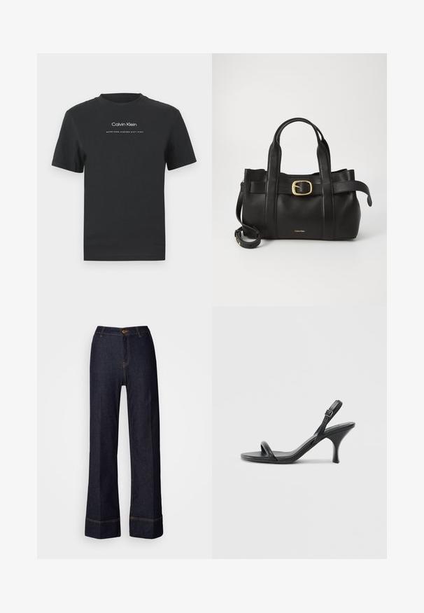 Black cotton T-shirt with a crew neckline, short sleeves, and white printed "Calvin Klein" logo and "Established 1968" text.; Dark denim wide-leg pants with a high waist, featuring a front button closure and orange stitching accents. Smooth texture throughout.; Black leather high-heeled sandals with a slim, curved heel and a crossed strap design. Adjustable ankle strap. Smooth texture.; Black leather handbag featuring a structured design, dual top handles, gold-tone buckle accent, and embossed brand logo at the front.