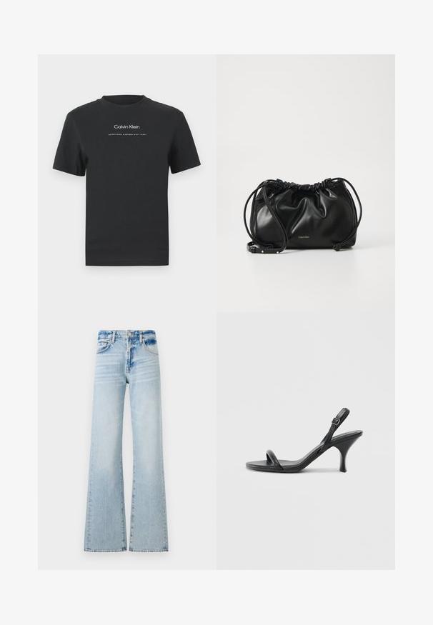 Musta puuvillainen T-paita, jossa on pyöreä pääntie, lyhyet hihat ja valkoinen painettu "Calvin Klein" -logo sekä "Established 1968" -teksti.; Vaaleansiniset leveät farkut, jotka on valmistettu denimistä, sisältävät puolivartalon vyötärön, viisi taskua ja kontrastivärisiä ompeleita, sekä haalistuneen pinnan.; Mustat nahkaiset korkokengät, joissa on hoikka, kaareva korko ja ristiin menevä hihnadesign. Säädettävä nilkkahihna. Silkkinen pinta.; Musta nahkainen käsilaukku, jossa on kerroksellinen muotoilu, kaksinkertainen nauhakiinnitys ja irrotettava olkahihna. Sisältää metallisen logo-yksityiskohdan.