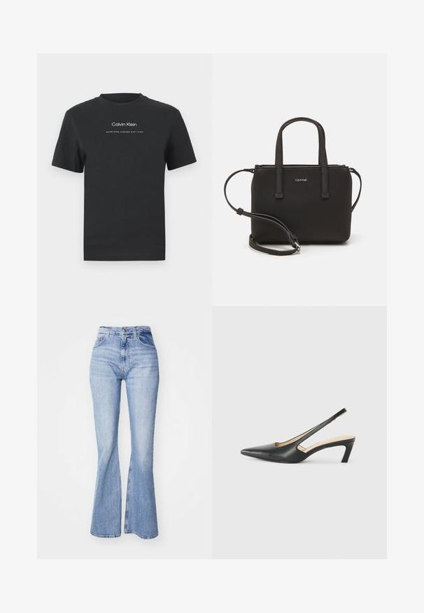 Černé bavlněné tričko s kulatým výstřihem, krátkými rukávy a bílým potiskem loga "Calvin Klein" a textem "Established 1968".; Světle modré zvonové džíny vyrobené z denimové látky, s vysokým pasem, pěti kapsami a jemným vyblednutím podél nohavic.; Černý špičatý slingback s nízkým podpatkem, vyrobený z hladké kůže, s výřezem na boku pro lepší prodyšnost.; Černá kabelka s dvojitými krátkými uchy a odnímatelným ramenním popruhem. Hladký koženkový materiál s uzávěrem na zip a detailem loga.