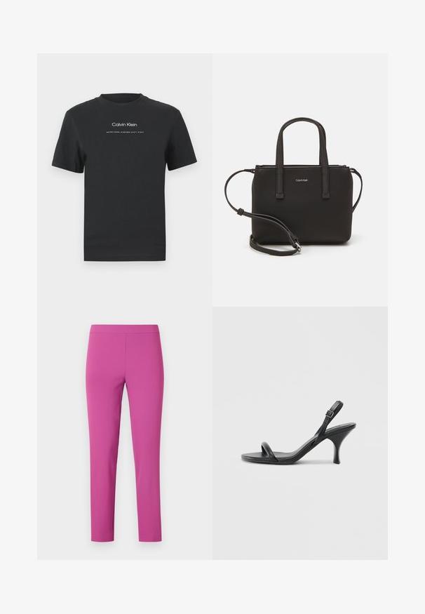 Črna bombažna majica s krožnim izrezom, kratkimi rokavi in belim potiskanjem logotipa "Calvin Klein" ter besedilom "Ustanovljen 1968".; Prilegajoče hlače z visokim pasom v živahno roza barvo, izdelane iz gladkega, raztegljivega materiala. Dolžina do gležnjev brez vidnih žepov ali zapiranj.; Črne usnjene visoke sandale s tankim, ukrivljenim petam in obliko križanih trakov. Nastavljiv trak okoli gležnja. Gladka tekstura.; Črna torbica z dvema kratkima ročajema in odstranljivim naramnim trakom. Gladek usnju podoben material z zadrgo in podrobnostmi z logotipom.