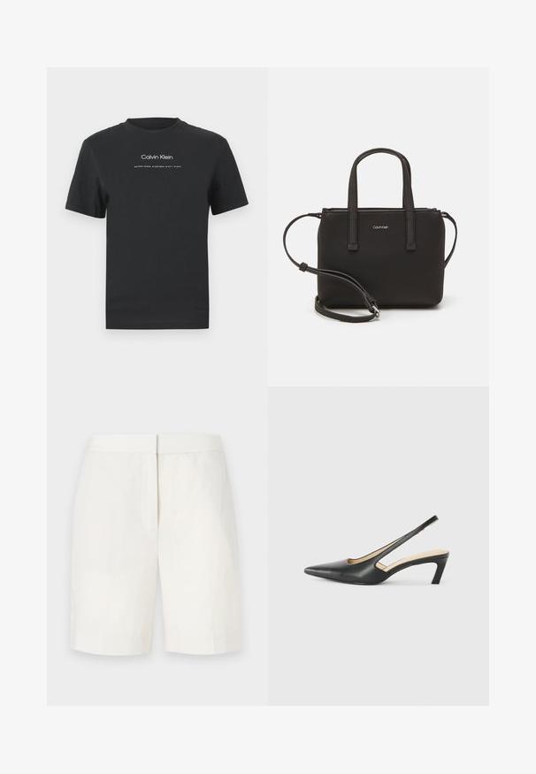 Musta puuvillainen T-paita, jossa on pyöreä pääntie, lyhyet hihat ja valkoinen painettu "Calvin Klein" -logo sekä "Established 1968" -teksti.; Valkoiset puuvillashortsit suoran leikkauksen, tasaisen etupinnan ja hienovaraisen tekstuurin kanssa. Niissä on vyötärönauha, ja näkyviä taskuja ei ole. Yksinkertainen muotoilu.; Musta, kärjeltään terävä slingback-kengä, jossa on matala korko. Kengässä on sileä nahkamateriaali ja sivuilla leikkaukset hengittävyyttä varten.; Musta käsilaukku, jossa on kaksinkertaiset lyhyet kahvat ja irrotettava olkahihna. Silkkinen nahkatunneinen materiaali, jossa on vetoketjukiinnitys ja logoyksityiskohta.