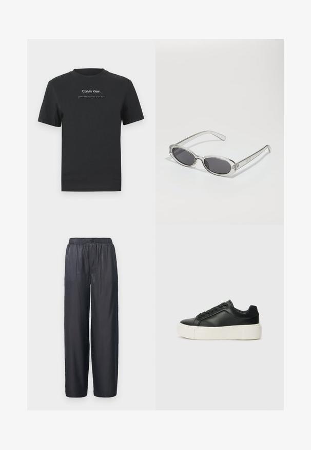 Fekete pamut póló kerek nyakkivágással, rövid ujjakkal, fehér nyomott "Calvin Klein" logóval és "Established 1968" felirattal.; Fekete, bőszárú nadrág sima, fényes anyagból. Rugalmas derékpánttal készült, látható zsebek nélkül. Egyszerű dizájn, teljes hosszúságú.; Fekete bőr sportcipő lekerekített orral, fehér platformtalppal és fekete fűzőkkel. Diszkrét logó található a sarokon és sima felülete van.; Ovális formájú napszemüveg, átlátszó műanyag keret, sötétszürke lencsék és vékony, átlátszó szárak, logóakkcentussal és minimális díszítéssel.