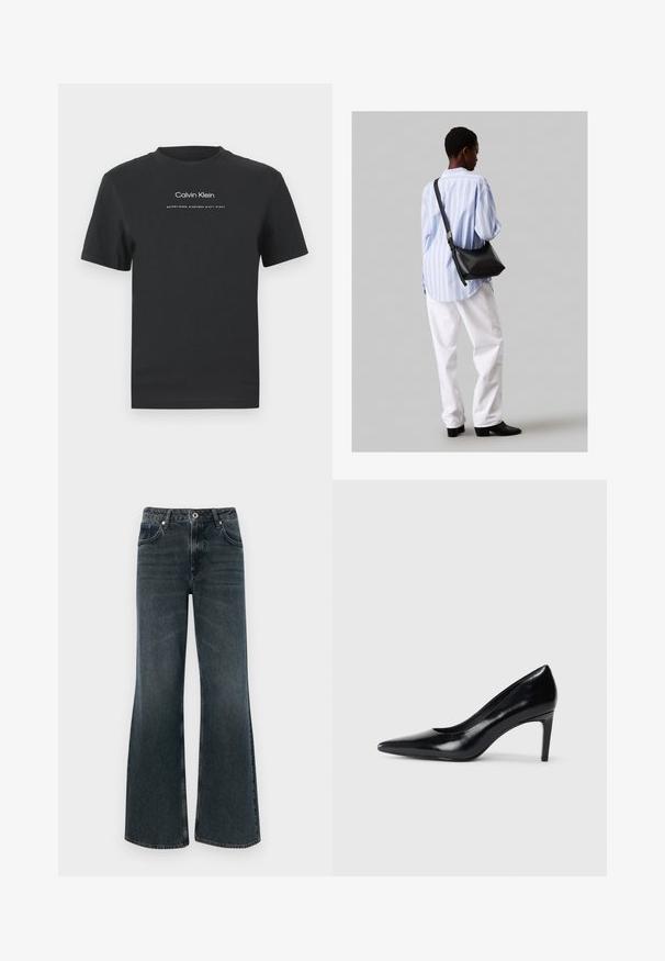 Μαύρη βαμβακερή μπλούζα T-shirt με στρογγυλή λαιμόκοψη, κοντά μανίκια και λευκό εκτυπωμένο λογότυπο "Calvin Klein" καθώς και κείμενο "Established 1968".; Σκούρο μπλε τζιν παντελόνι με φαρδύ τελείωμα και ψηλή μέση, με πέντε τσέπες, κουμπί κλεισίματος και διακριτικές φθορές στο ύφασμα.; Μαύρο δερμάτινο ψηλοτάκουνο παπούτσι με μυτερή μύτη, λεία υφή και κοφτό τακούνι. Μινιμαλιστικός σχεδιασμός, χωρίς επιπρόσθετες διακοσμήσεις.; Μαύρη δερμάτινη τσάντα ώμου με απαλή υφή, τριγωνικό σχήμα και ρυθμιζόμενο λουρί, συνδυασμένη με ένα ανοιχτό μπλε ριγέ πουκάμισο και λευκό παντελόνι.