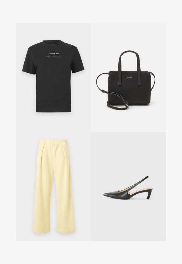 Črna bombažna majica s krožnim izrezom, kratkimi rokavi in belim potiskanjem logotipa "Calvin Klein" ter besedilom "Ustanovljen 1968".; Rumene hlače širokih hlačnic z rebrasto teksturo in elastičnim pasom. Imajo sprednje gube in majhen vezen motiv na strani.; Črne čevlje s koničastimi nosovi in slingback obliko z nizko peto, izdelane iz gladke usnjene materiale ter s črtasto zasnovo na strani za prezračevanje.; Črna torbica z dvema kratkima ročajema in odstranljivim naramnim trakom. Gladek usnju podoben material z zadrgo in podrobnostmi z logotipom.