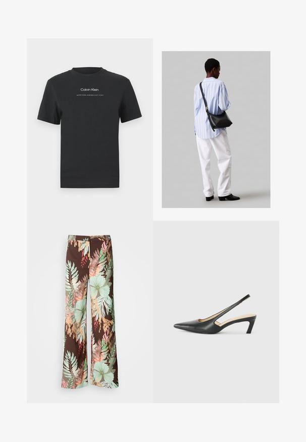 Čierne bavlnené tričko s okrúhlym výstrihom, kratkými rukávmi a bielou potlačou loga "Calvin Klein" a textu "Established 1968".; Široké nohavice z tmavohnedej látky s živým kvetinovým a listovým vzorom v odtieňoch zelenej, červenej a broskyňovej. Mäkký, ľahký materiál.; Čierne slingback topánky s ostrou špičkou a nízkym opätkom, vyrobené z hladkej kože a s výrezmi na boku pre lepšiu priedušnosť.; Čierna kožená ramenná taška so mäkkou textúrou, trojuholníkovým tvarom a nastaviteľným popruhom, skombinovaná s svetlomodrou pruhovanou košeľou a bielymi nohavicami.