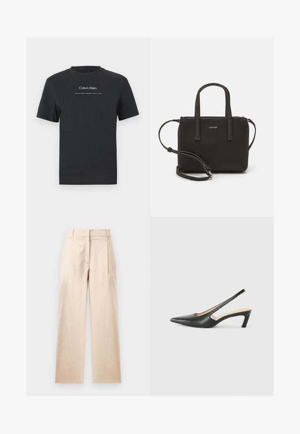 Camiseta de algodón negra con cuello redondo, mangas cortas y logo impreso en blanco de "Calvin Klein" junto con el texto "Establecido en 1968".; Pantalones beige confeccionados en una tela suave. Presentan un corte recto, frente plano y dos pliegues. Sin patrones visibles ni herrajes.; Zapato negro de punta afilada tipo slingback con un tacón bajo, que presenta un material de cuero suave y un diseño recortado en el lateral para mayor transpirabilidad.; Bolso de mano negro con dos asas cortas y una correa de hombro removible. Material suave tipo cuero con cierre de cremallera y detalle del logo.