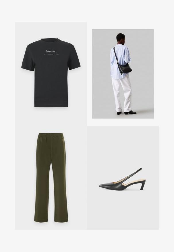 Μαύρη βαμβακερή μπλούζα T-shirt με στρογγυλή λαιμόκοψη, κοντά μανίκια και λευκό εκτυπωμένο λογότυπο "Calvin Klein" καθώς και κείμενο "Established 1968".; Παντελόνι ελαιόλαδου από λεία ύφανση, με φαρδιά γραμμή και ελαστική μέση για άνεση. Χωρίς τσέπες ή διακοσμητικά στοιχεία.; Μαύρο παπούτσι slingback με αιχμηρή μύτη και χαμηλό τακούνι, κατασκευασμένο από λείο δέρμα με σχέδιο κοπής στη πλευρά για αερισμό.; Μαύρη δερμάτινη τσάντα ώμου με απαλή υφή, τριγωνικό σχήμα και ρυθμιζόμενο λουρί, συνδυασμένη με ένα ανοιχτό μπλε ριγέ πουκάμισο και λευκό παντελόνι.