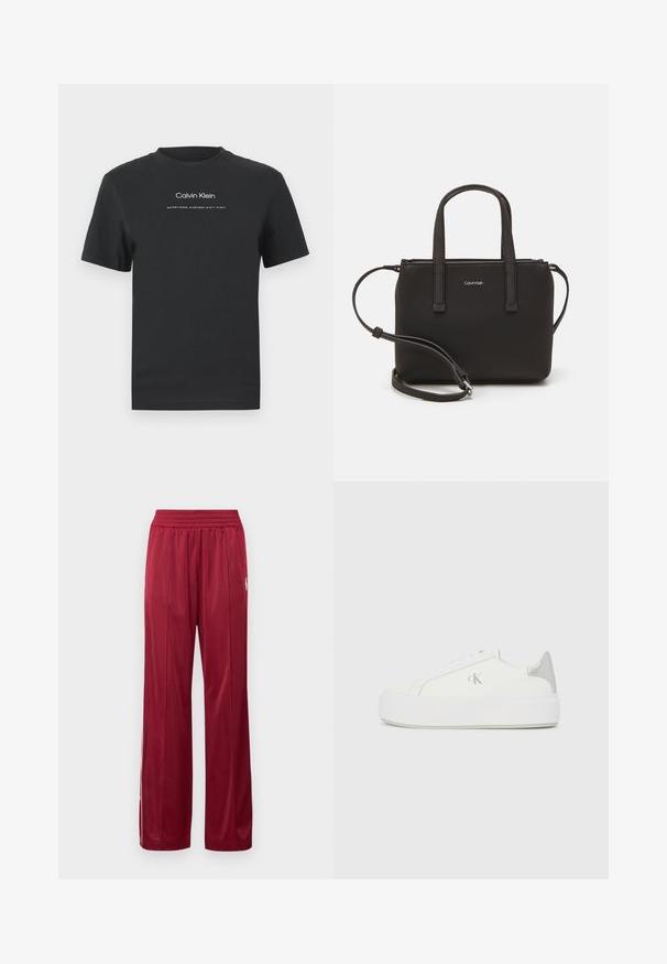 Must musta T-särk, millel on ümmargune kaelus, lühikesed varrukad ja valge trükitud "Calvin Klein" logo ning tekst "Asutatud 1968".; Punased spordipüksid, mis on valmistatud siledast kangast ja millel on elastne vöökoht. Omaduseks on külje triibud ja väike logo detail vasakul jalal.; Valged kangast tennisekingad paksu valge tallaga, millel on metallist hõbedane aksent kandadel ja tagasihoidlik logodetail küljel.; Musthave mustrans vöö ja eemaldatav õlarihm. Gludike nahk siledaga, millel on tõmblukk ja logo detail.