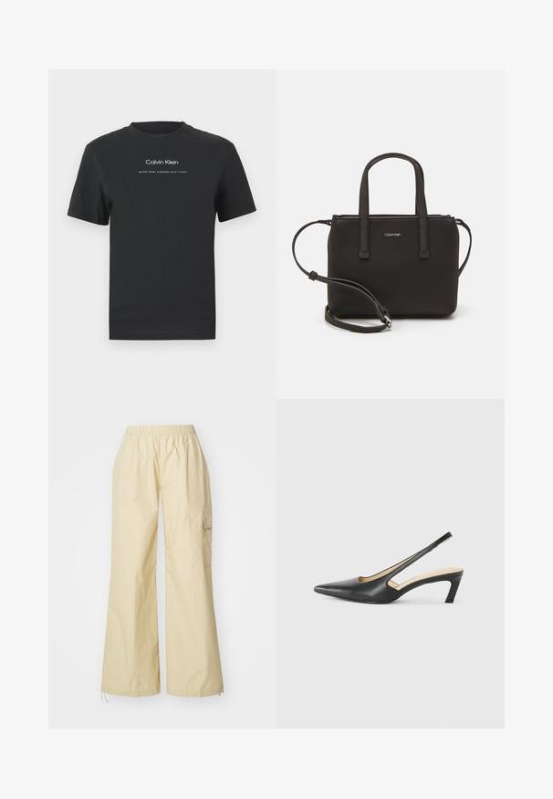 Černé bavlněné tričko s kulatým výstřihem, krátkými rukávy a bílým potiskem loga "Calvin Klein" a textem "Established 1968".; Kalhoty s širokými nohavicemi, světlé béžové barvy, s elastickým pasem a jednou boční kapsou typu cargo. Vyrobeno z jemné texturované látky.; Černý špičatý slingback s nízkým podpatkem, vyrobený z hladké kůže, s výřezem na boku pro lepší prodyšnost.; Černá kabelka s dvojitými krátkými uchy a odnímatelným ramenním popruhem. Hladký koženkový materiál s uzávěrem na zip a detailem loga.