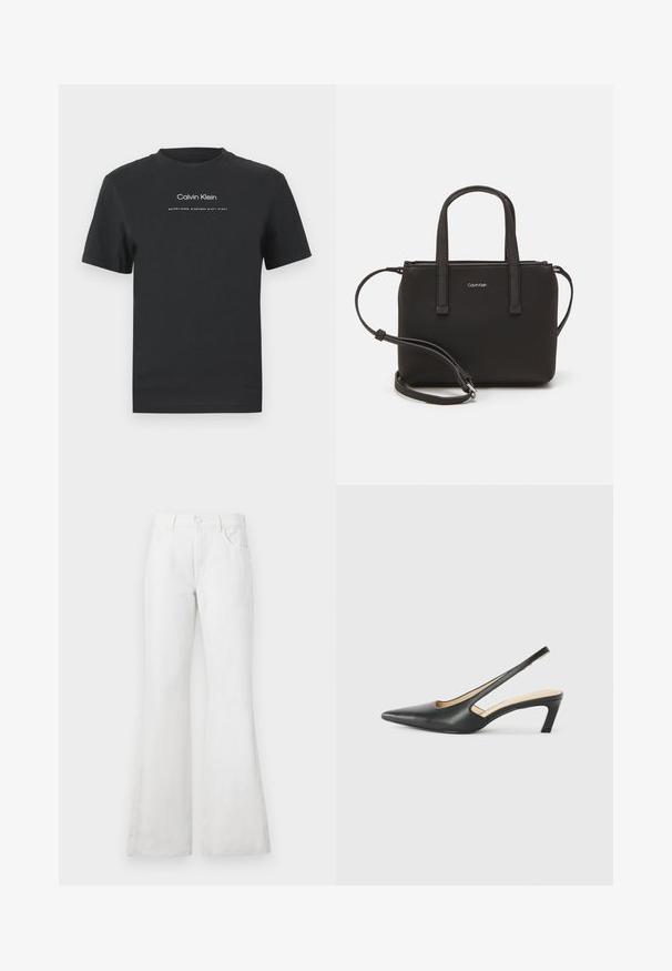 Black cotton T-shirt with a crew neckline, short sleeves, and white printed "Calvin Klein" logo and "Established 1968" text.; White flared denim jeans with a high waist, featuring front pockets, belt loops, and a classic button closure. Smooth texture, casual design.; Black pointy-toed slingback shoe with a low heel, featuring smooth leather material and cut-out design on the side for breathability.; Black handbag with dual short handles and a removable shoulder strap. Smooth leather-like material with a zip closure and logo detail.