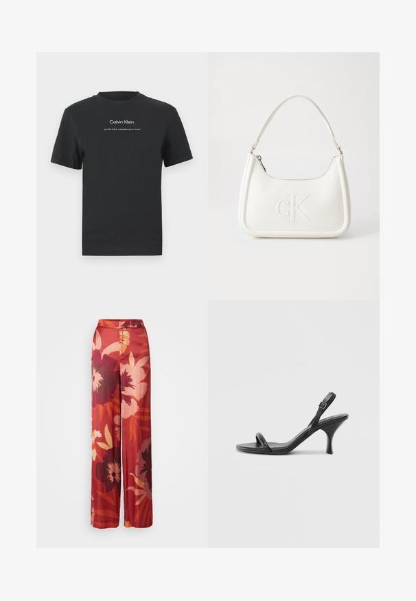 T-shirt en coton noir avec un col rond, des manches courtes, et un logo "Calvin Klein" imprimé en blanc ainsi que le texte "Established 1968".; Pantalons larges à fleurs dans des teintes rouges et pêches, présentant de grandes fleurs stylisées et des motifs de feuilles, fabriqués en tissu doux avec une coupe décontractée.; Sandales à talons hauts en cuir noir avec un talon fin et courbé et un design de brides croisées. Bride de cheville réglable. Texture lisse.; Sac à main en cuir blanc avec une forme courbée, arborant un logo "CK" embossé à l'avant et une seule bandoulière. Fermeture à glissière en haut.