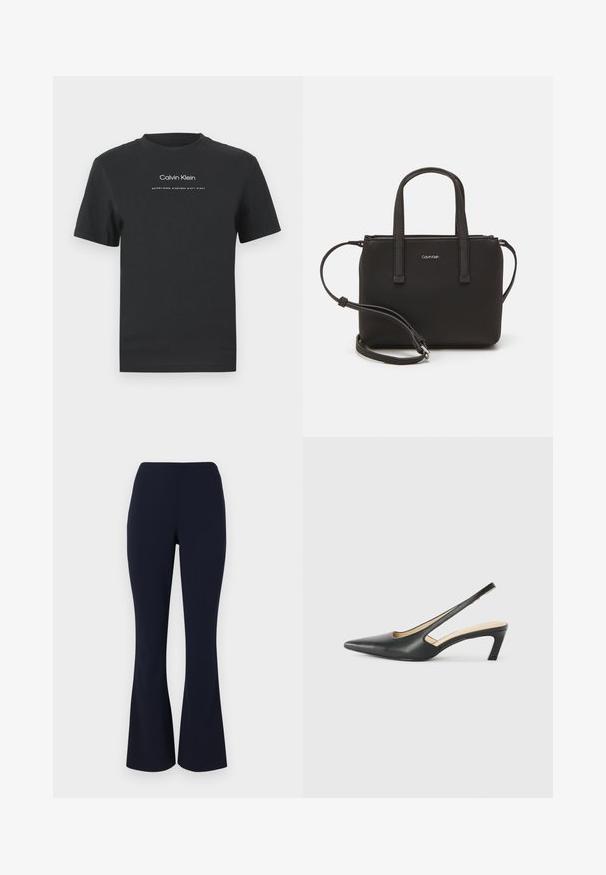 Čierne bavlnené tričko s okrúhlym výstrihom, kratkými rukávmi a bielou potlačou loga "Calvin Klein" a textu "Established 1968".; Námornícke modré rozšírené nohavice vyrobené z hladkej látky, s vysokým pásom a jemným elastickým materiálom pre pohodlie. Bez viditeľného kovania alebo vzorov.; Čierne slingback topánky s ostrou špičkou a nízkym opätkom, vyrobené z hladkej kože a s výrezmi na boku pre lepšiu priedušnosť.; Čierna kabelka s dvojitými krátkymi rúčkami a odnímateľným ramenným popruhom. Hladký materiál podobný koži s uzatváraním na zips a detailom loga.