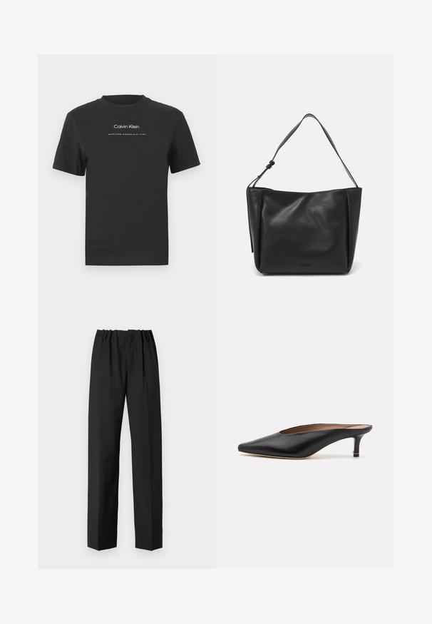 Black cotton T-shirt with a crew neckline, short sleeves, and white printed "Calvin Klein" logo and "Established 1968" text.; Black trousers with a straight-leg design, featuring an elastic waistband and smooth texture. No visible patterns or hardware details.; Black leather mules with a pointed toe and low, block heel. Smooth texture with a sleek design. Open back with minimal detailing.; Calvin Klein GRACIE MEDIUM - Handbag - black