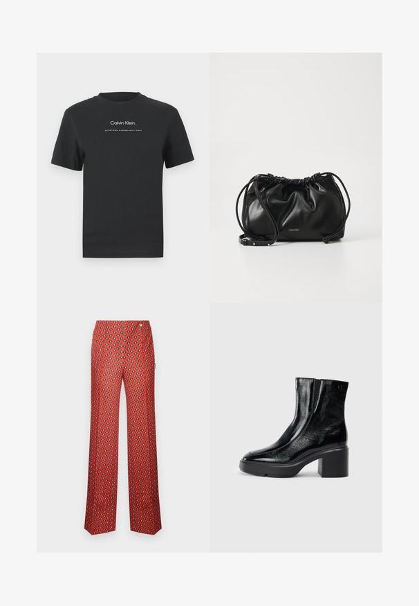 Schwarzes Baumwoll-T-Shirt mit Rundhalsausschnitt, kurzen Ärmeln und weißem Druck des "Calvin Klein" Logos sowie dem Text "Established 1968".; Rote Hose mit weitem Bein, versehen mit einem Rautenmuster in Schwarz und Weiß. Das Material wirkt glatt; verfügt über einen Bund und vordere Falten.; Schwarze Lackleder-Stiefeletten mit einer geschwungenen Zehenpartie, elastischen Seiteneinsätzen und einem klobigen Blockabsatz. Mit geprägtem Logo auf der Rückseite.; Schwarze Lederhandtasche mit gerafftem Design, doppeltem Kordelzugverschluss und abnehmbarem Schulterriemen. Mit metallic Logo-Details.