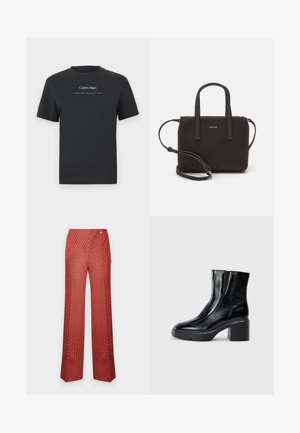 Melna kokvilnas T-kreklā ar apaļu apkakli, īsām piedurknēm un baltu uzdrukātu "Calvin Klein" logotipu un tekstu "Izveidots 1968".; Sarkanas bikses ar platām kājām un melnbaltu dimantu rakstu. Materiāls izskatās gluds; tajā ir jostasvieta un priekšējās krokas.; Melnas lakotas ādas potītes zābaki ar izliekto purngalu, elastīgām sānu paneļiem un masīvu blokveida papēdi. Aizmugurē ir izsistā logo.; Melns roku soma ar divām īsām rokturiem un noņemamu plecu siksnu. Gluda ādas līdzīga materiāla ar rāvējslēdzēja aizdari un logos detaļu.