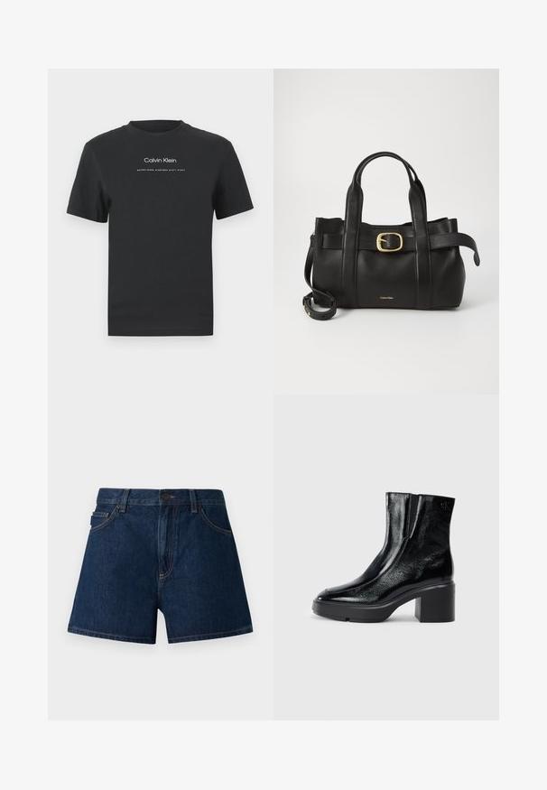 Čierne bavlnené tričko s okrúhlym výstrihom, kratkými rukávmi a bielou potlačou loga "Calvin Klein" a textu "Established 1968".; Džínové šortky v tmavomodrej farbe s klasickým strihom, s piatimi vreckami, zapínaním na gombík a jemnými detailmi šitia.; Čierne lakované členkové topánky s zakrivenou špičkou, elastickými bočnými panelmi a masívnym blokovým opätkom. S embosovaným logom na zadnej strane.; Čierna kožená kabelka s štruktúrovaným dizajnom, dvojitými hornými uchopiteľmi, zlatým prackovým akcentom a embosovaným logom značky na prednej strane.