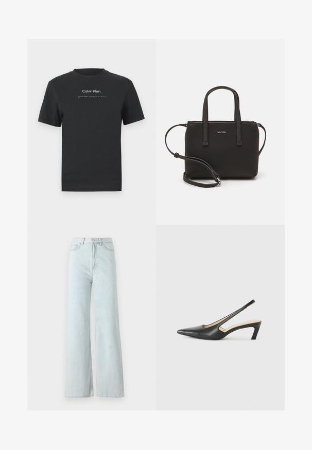 Črna bombažna majica s krožnim izrezom, kratkimi rokavi in belim potiskanjem logotipa "Calvin Klein" ter besedilom "Ustanovljen 1968".; Svijetloplave široke traperice s visokim strukom, izrađene od denima. Sadrže zatvaranje na dugme i rajsferšlus te prednje džepove.; Črne čevlje s koničastimi nosovi in slingback obliko z nizko peto, izdelane iz gladke usnjene materiale ter s črtasto zasnovo na strani za prezračevanje.; Črna torbica z dvema kratkima ročajema in odstranljivim naramnim trakom. Gladek usnju podoben material z zadrgo in podrobnostmi z logotipom.