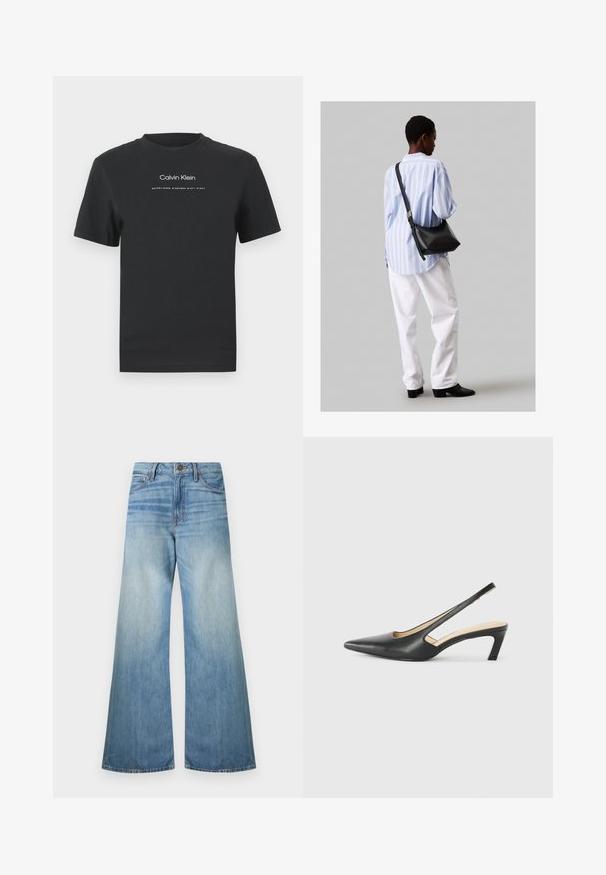 Must musta T-särk, millel on ümmargune kaelus, lühikesed varrukad ja valge trükitud "Calvin Klein" logo ning tekst "Asutatud 1968".; Heledad sinine lai jalad teksad, mis on valmistatud denimist, sisaldavad standardset lukku, viit taskut ja pleekinud viimistlust koos peente kulumismärkidega.; Must mustaga, terav varvas, madala kontsaga sildiga king, mis on valmistatud siledast nahast ja mille küljel on lõike disain hingavuse tagamiseks.; Must have mustras alasi nahkpatsi, pehme tekstuuriga, kolmnurkse kujuga ja reguleeritava rihmaga, koos helesinise triibulise särgi ja valgete pükstega.