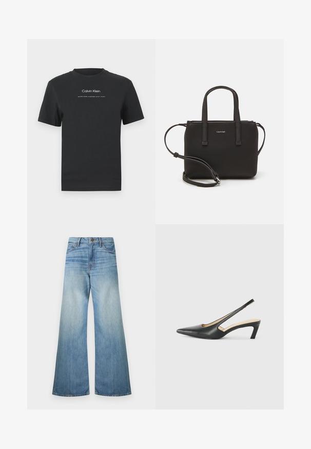 Musta puuvillainen T-paita, jossa on pyöreä pääntie, lyhyet hihat ja valkoinen painettu "Calvin Klein" -logo sekä "Established 1968" -teksti.; Vaaleansinisiä, leveälahkeisia farkkuja, joissa on tavallinen vetoketju, viisi taskua ja haalistunut pinta hienovaraisilla kulutustyyleillä.; Musta, kärjeltään terävä slingback-kengä, jossa on matala korko. Kengässä on sileä nahkamateriaali ja sivuilla leikkaukset hengittävyyttä varten.; Musta käsilaukku, jossa on kaksinkertaiset lyhyet kahvat ja irrotettava olkahihna. Silkkinen nahkatunneinen materiaali, jossa on vetoketjukiinnitys ja logoyksityiskohta.
