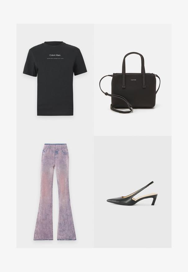 Melna kokvilnas T-kreklā ar apaļu apkakli, īsām piedurknēm un baltu uzdrukātu "Calvin Klein" logotipu un tekstu "Izveidots 1968".; Izplestās džinsus ar gradientu no pasteļrozā līdz purpursarkanai ar izbalējušu tekstūru. Iespējama elastīga jostasvieta un piecu kabatu dizains.; Melna, ar smailu purngalu, slingback kurpe ar zemu papēdi, izgatavota no gludas ādas materiāla un ar izgriezumiem sānos gaisa caurlaidībai.; Melns roku soma ar divām īsām rokturiem un noņemamu plecu siksnu. Gluda ādas līdzīga materiāla ar rāvējslēdzēja aizdari un logos detaļu.