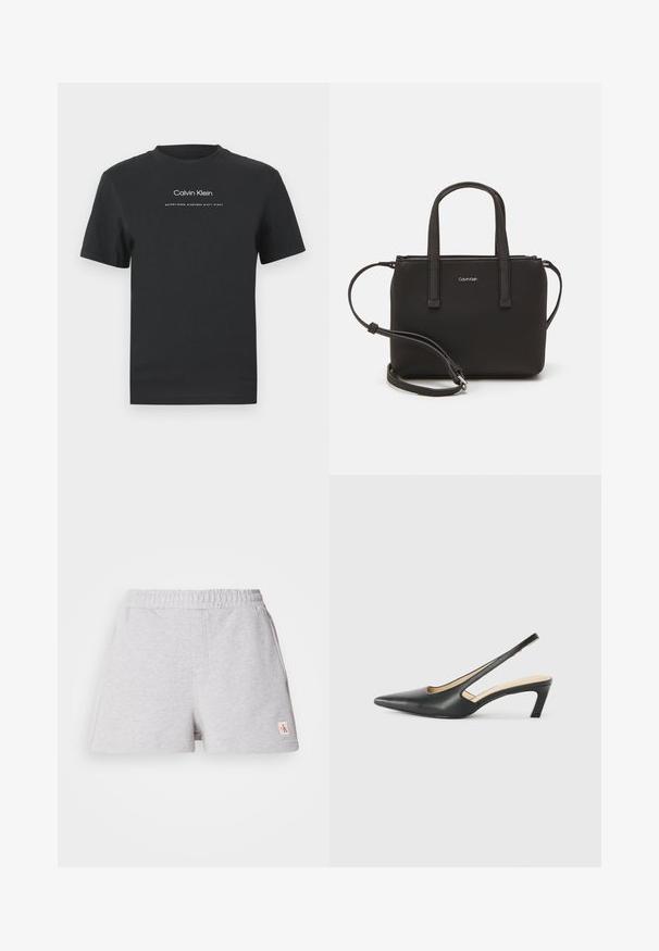 Melna kokvilnas T-kreklā ar apaļu apkakli, īsām piedurknēm un baltu uzdrukātu "Calvin Klein" logotipu un tekstu "Izveidots 1968".; Pelēki kokvilnas šorti ar elastīgu jostu, sānu kabatām un mazu logotipa uzšuvi uz apakšmalas. Mīksta tekstūra, brīvs griezums, ikdienišķs dizains.; Melna, ar smailu purngalu, slingback kurpe ar zemu papēdi, izgatavota no gludas ādas materiāla un ar izgriezumiem sānos gaisa caurlaidībai.; Melns roku soma ar divām īsām rokturiem un noņemamu plecu siksnu. Gluda ādas līdzīga materiāla ar rāvējslēdzēja aizdari un logos detaļu.