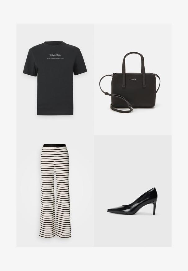 Black cotton T-shirt with a crew neckline, short sleeves, and white printed "Calvin Klein" logo and "Established 1968" text.; Striped wide-leg pants with a black waistband. Made of lightweight fabric featuring horizontal black and white stripes.; Black leather high heel shoe with a pointed toe, smooth texture, and a tapered heel. Minimalist design, no additional embellishments.; Black handbag with dual short handles and a removable shoulder strap. Smooth leather-like material with a zip closure and logo detail.