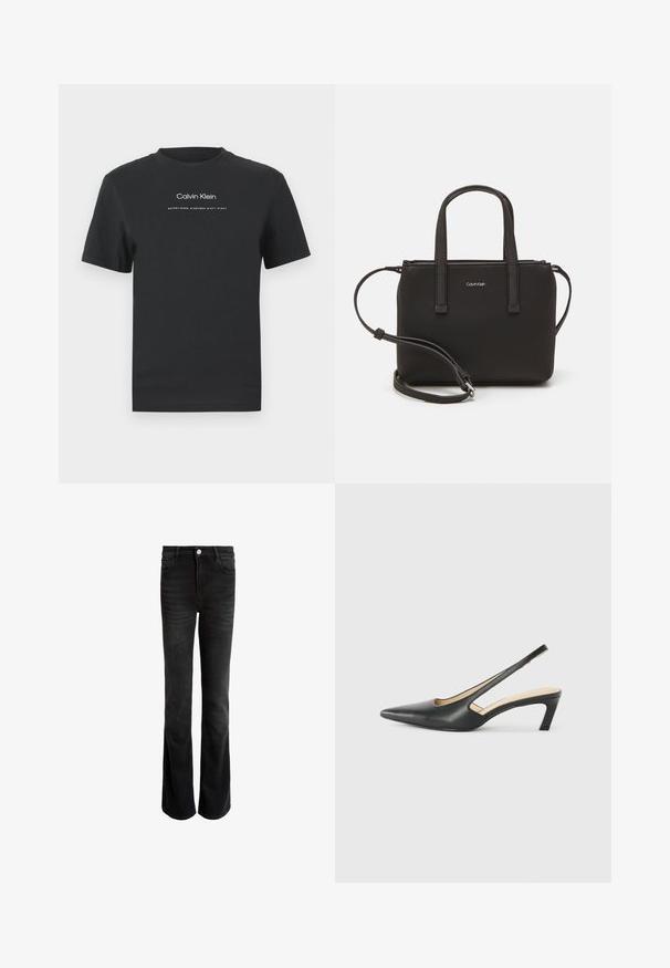 Črna bombažna majica s krožnim izrezom, kratkimi rokavi in belim potiskanjem logotipa "Calvin Klein" ter besedilom "Ustanovljen 1968".; Črne zvonaste kavbojke iz denima, z visokim pasom, petimi žepi in srebrnim gumbom za zapiranje. Gladka tekstura s subtelnim postopkom zbledenja.; Črne čevlje s koničastimi nosovi in slingback obliko z nizko peto, izdelane iz gladke usnjene materiale ter s črtasto zasnovo na strani za prezračevanje.; Črna torbica z dvema kratkima ročajema in odstranljivim naramnim trakom. Gladek usnju podoben material z zadrgo in podrobnostmi z logotipom.