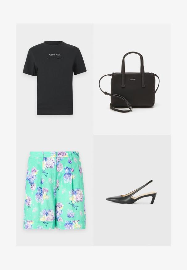 Čierne bavlnené tričko s okrúhlym výstrihom, kratkými rukávmi a bielou potlačou loga "Calvin Klein" a textu "Established 1968".; Kvetinové šortky v mätovej farbe, vyrobené z ľahkej tkaniny. Majú fialové a modré hortenzie s jemnými žltými akcentmi a skladaním.; Čierne slingback topánky s ostrou špičkou a nízkym opätkom, vyrobené z hladkej kože a s výrezmi na boku pre lepšiu priedušnosť.; Čierna kabelka s dvojitými krátkymi rúčkami a odnímateľným ramenným popruhom. Hladký materiál podobný koži s uzatváraním na zips a detailom loga.