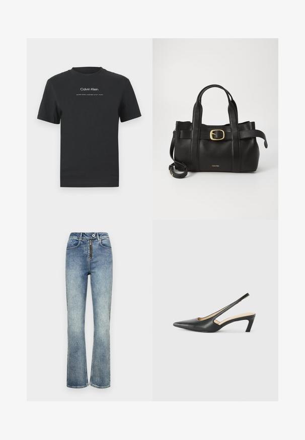 Camiseta de algodón negra con cuello redondo, mangas cortas y logo impreso en blanco de "Calvin Klein" junto con el texto "Establecido en 1968".; Jeans de mezclilla azul de corte acampanado con un lavado claro, que cuentan con una cremallera en la parte delantera, un diseño de cinco bolsillos y detalles de costura a lo largo de las costuras.; Zapato negro de punta afilada tipo slingback con un tacón bajo, que presenta un material de cuero suave y un diseño recortado en el lateral para mayor transpirabilidad.; Bolso de cuero negro con un diseño estructurado, doble mango superior, detalle de hebilla en tono dorado y logo de la marca grabado en la parte frontal.